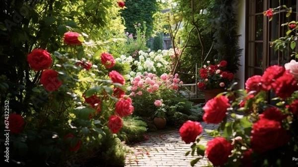 Fototapeta red tulips in garden  generated by AI