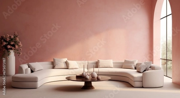 Fototapeta Living room with pink walls, in the style of light white and dark orange, minimalist backgrounds.