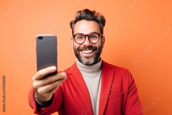 Fototapeta happy man taking selfie on smartphone on orange background