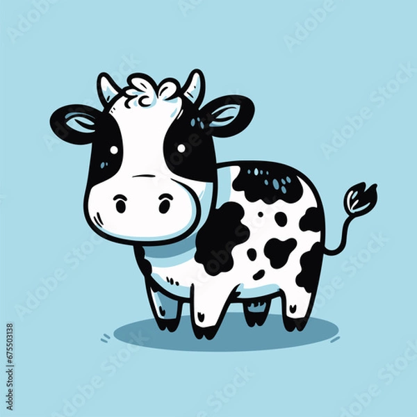 Fototapeta Set of three various cute Cows. Black and white colors. Hand drawn colored trendy Vector illustrations. Funny characters. Cartoon style. Isolated on blue background