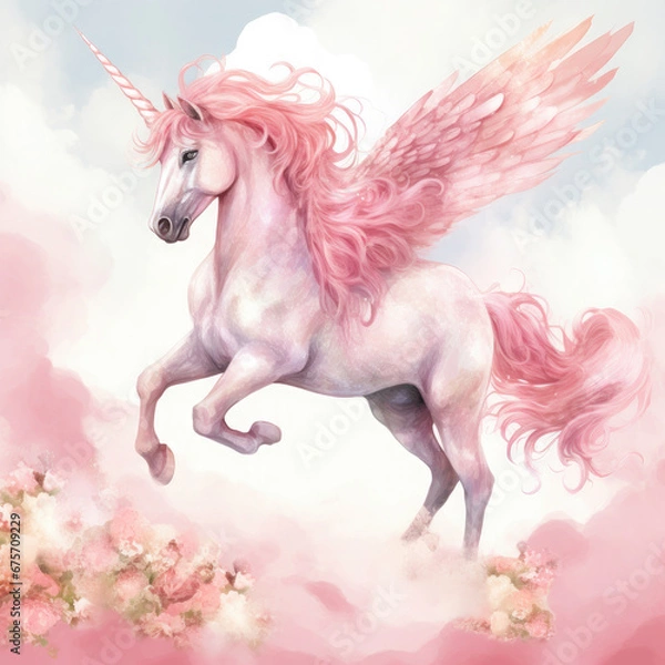 Fototapeta Pink Unicorn Above The Clouds Illustration, Generative Ai