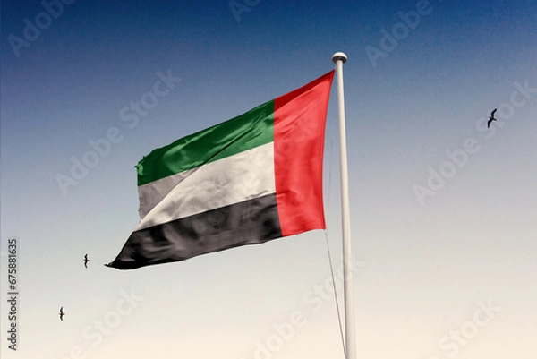 Fototapeta United Arab Emirates flag fluttering in the wind on sky.