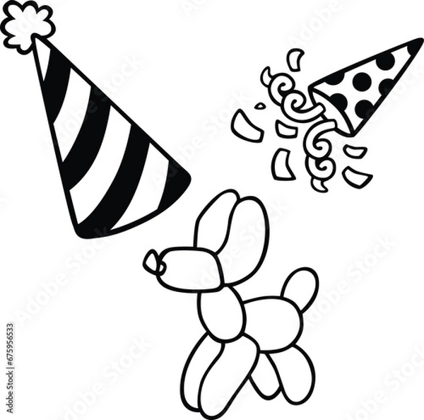 Fototapeta Line art outline birthday party decorations. Cute simple vector black and white for Birthday Party theme art