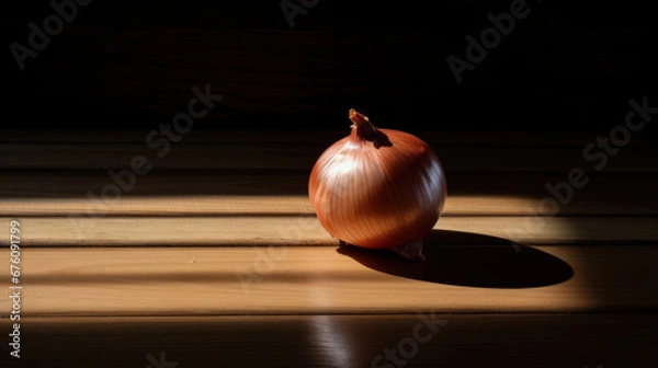 Fototapeta Lifestyle product shot of beautiful fresh onion highlighted by the sun on a wooden table. Play light and shadow