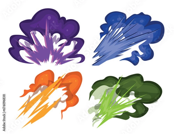 Fototapeta Set of lightning explosions in cartoon style. Vector illustration of beautiful explosions with colored lightning of different shapes: purple, blue, yellow, green with smoke on white background.