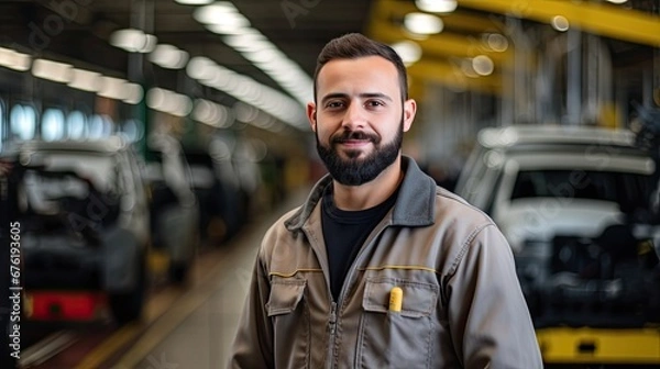 Fototapeta Technicians in a car assembly plant are installing engines and welding sparks for cars on the production line inside the factory.