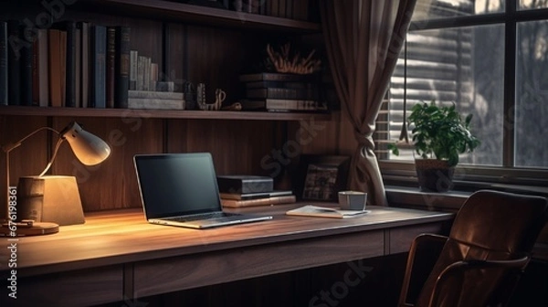 Fototapeta Dark tone office workplace. Wooden work desk with laptop and documents, modern interior of cozy cabinet, comfortable workspace, workplace with computer in home