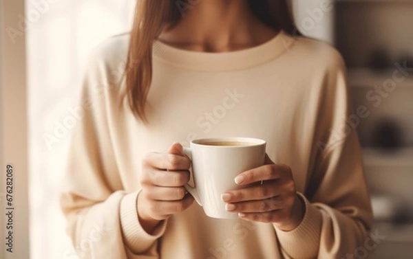 Fototapeta Closeup of female hands with a mug of beverage. Beautiful girl in beige sweater holding cup of tea or coffee in the morning sunlight. Mug for your design. Empty.