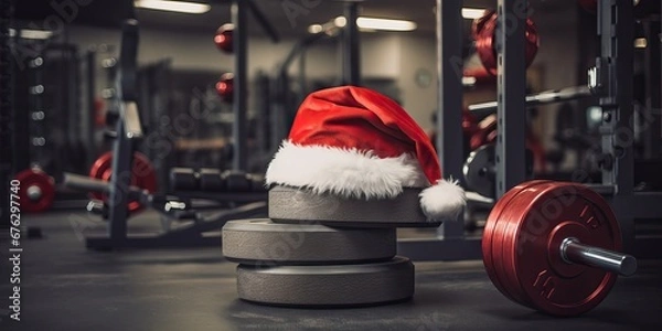 Obraz Father Christmas hat on a gym dumbbell weight. New year resolution and healthy lifestyle, red Santa hat. Exercise equipment fitness gift. holiday season winter composition. Gym workout, sport training