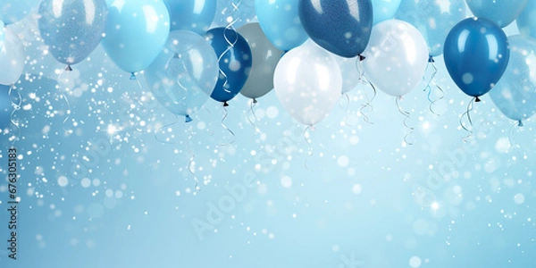 Fototapeta Blue balloons on blue shine background, for boy, Man, present male. Copy space