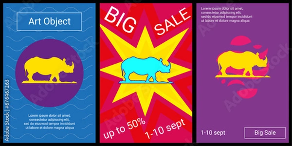 Fototapeta Trendy retro posters for organizing sales and other events. Large wild rhino symbol in the center of each poster. Vector illustration on black background