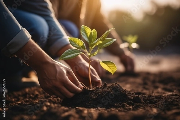 Fototapeta A man and a child plant a tree.
