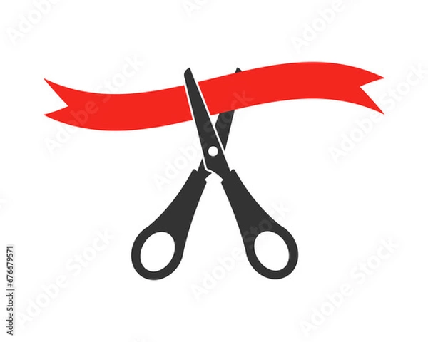 Fototapeta Scissors and red ribbon silhouette vector illustration. Grand Opening Invitation concept.