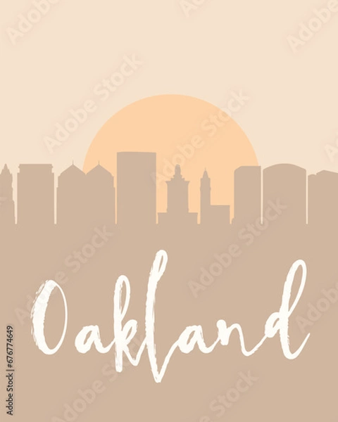 Fototapeta City poster of Oakland with building silhouettes at sunset