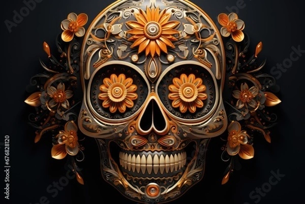 Fototapeta Painting of Day of the Dead Sugar Skull. Gold color on black background. Abstract illustration created with Generative AI technology.