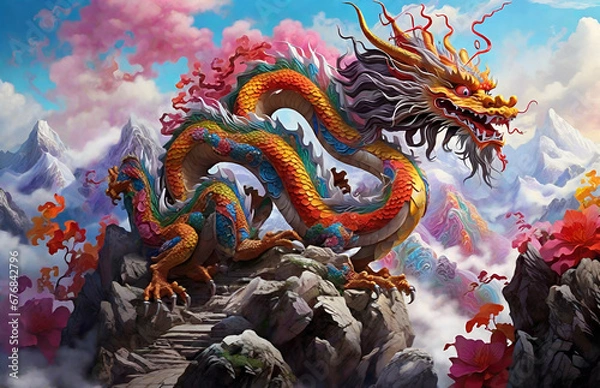 Obraz chinese dragon statue on the mountain , Ai art