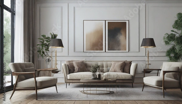 Fototapeta Classic Simplicity with Wall Mockups, Achieve timeless elegance in the Scandinavian living room with iconic mid-century furniture and neutral tones. Wall mockups