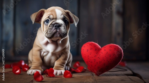 Fototapeta the puppy sits near the heart. on a wooden background.Generative AI