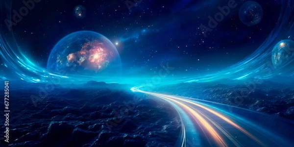 Fototapeta highway winding through space, connecting distant star systems and serving as a cosmic trade route.