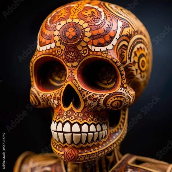 Fototapeta Day of the Dead calavera skeleton figurine, Mexican folk art, wood carving, close up - Generative AI