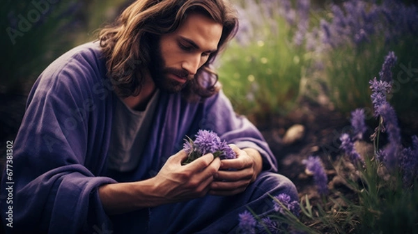 Fototapeta Noble man holding a purple flower in his hands, a symbol of faith