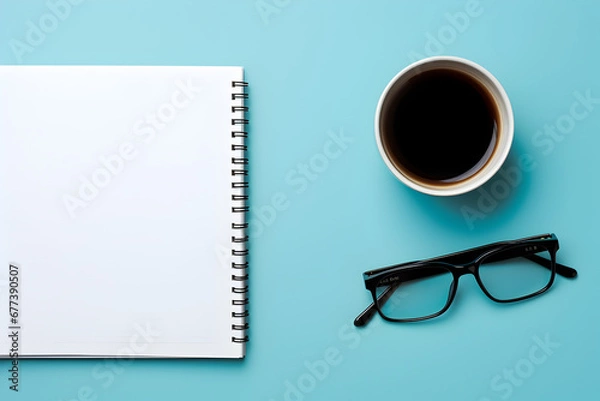 Fototapeta cup of coffee and notebook on office whire desk. Cup of Coffee and Notebook on Blue Office Desk: Productivity and Morning Routine Concept	with copy space
