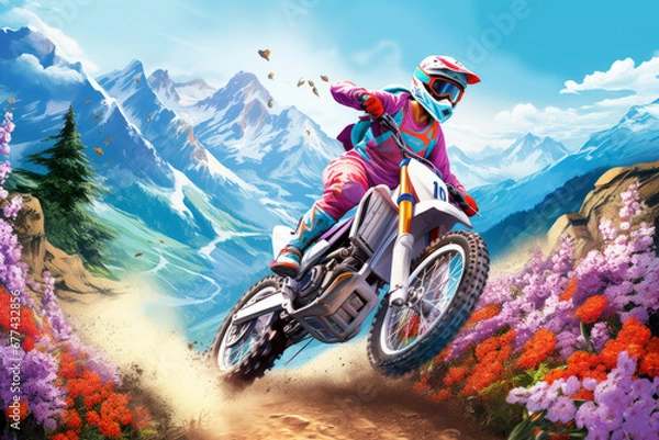 Fototapeta Woman riding an off-road motorbike in a landscape of mountains and flowers.