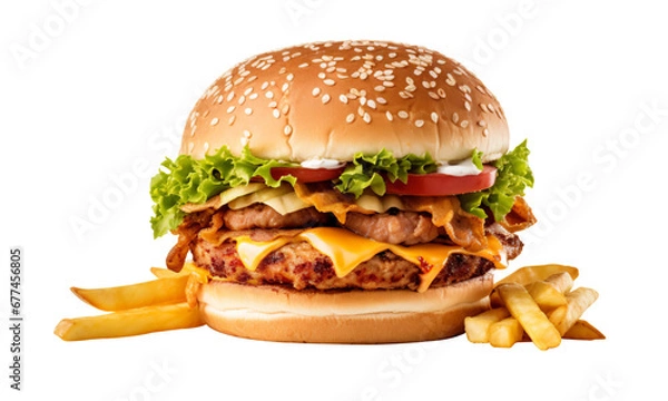 Fototapeta burger and fried potatoes isolated on transparent background - Generative AI