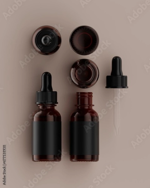 Obraz The row of plain amber packaging pipette bottles of soap and shampoo products with beige background in flat lay position viewed from top for mockup. 3D Rendering