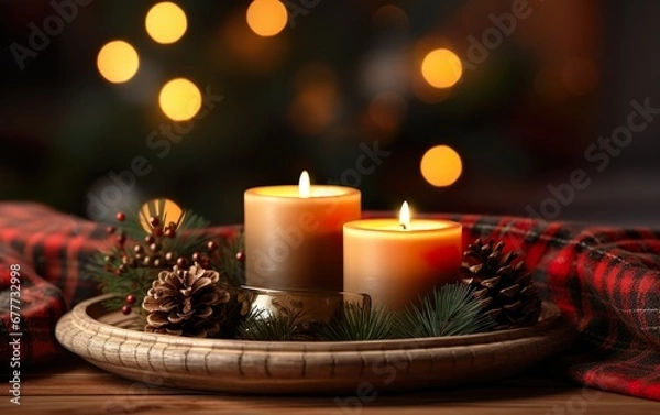 Fototapeta Burning candles and christmas decorations on wooden table