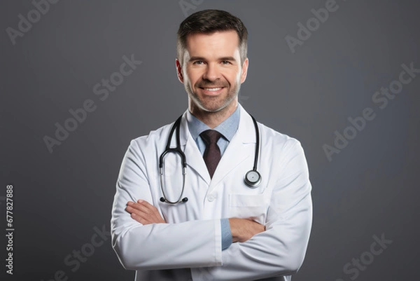 Fototapeta Confident male doctor in white lab uniform and stethoscope standing with folded arms and smiling at the camera over grey background