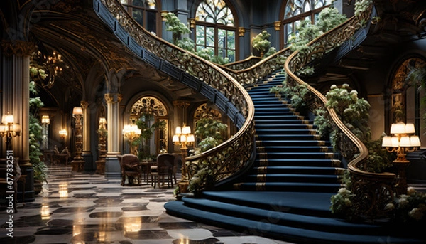 Fototapeta Elegant staircase inside famous cathedral, adorned with ornate decorations generated by AI