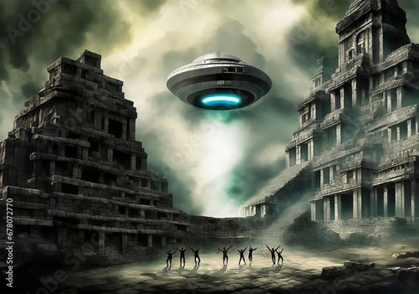 Fototapeta Flying saucer visiting an ancient civilization - Digital illustration