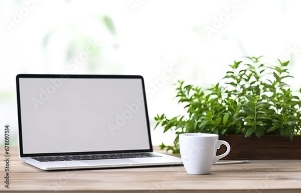 Fototapeta Laptop profile view, cup black coffee, plant herb, on white wooden table