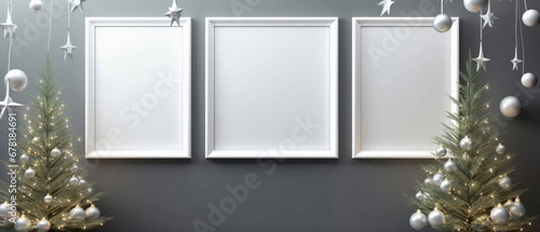 Fototapeta Mock up of three white frames with Christmas tree on gray wall.