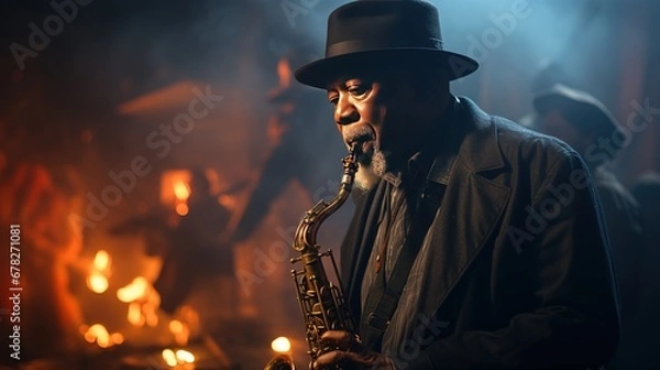 Fototapeta Old man playing jazz on a saxophone.