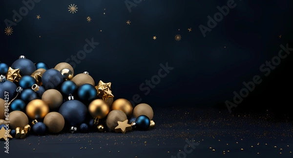 Fototapeta black and gold christmas background, in the style of dark navy and dark azure, elegant, photo-realistic still life