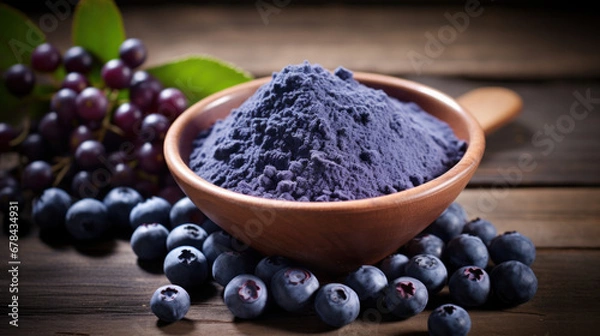 Fototapeta Bio fruit blueberry protein pink powder in wooden bowl isolated on white background. sublimate, raw material for the food industry