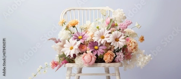 Fototapeta Pastel colored flowers on a white wicker chair