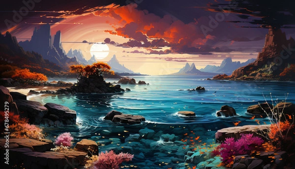 Fototapeta Illustration of a sunset over a mountain, water waves crash generated by AI