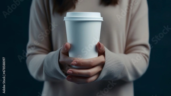 Fototapeta Woman holding a cup of coffee on a gray background