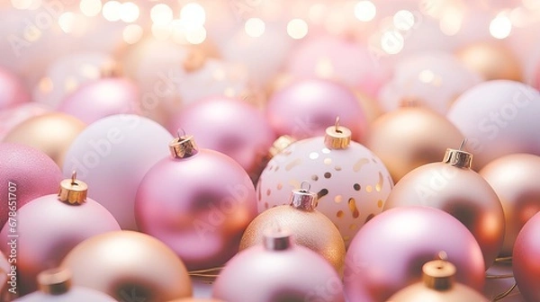 Obraz Elegant holiday decor with pink and gold Christmas ornaments on a soft blurry background