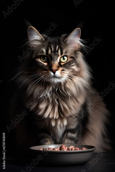 Obraz Fluffy cat sitting near the bowl of pet food on black background