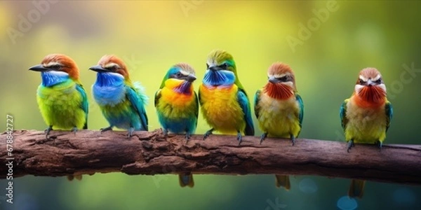 Fototapeta Colorful Birds Perched on a Lush Branch, Creating an Artistic Panorama of Exotic Feathered Paradise, a Kaleidoscopic Tapestry of Lively Elegance