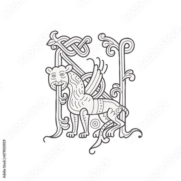 Fototapeta N letter logo. Medieval drop cap monogram. Initials made of spiral Celtic beasts, lion, leopard. Gothic illuminated calligraphy. Middle Ages heraldic ornate capitals. Germanic font for pagan tattoos.