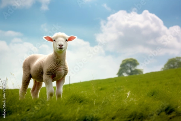 Fototapeta A lamb standing in a green grassy field and clouds against the blue skies. Innocence and sacrifice concept. No people