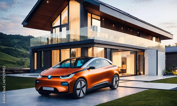 Obraz Electric futuristic car parked with charging station in a modern ecological eco house with solar green power panels, smart home technology. Renewable energy concept. future technologie. Generative ai