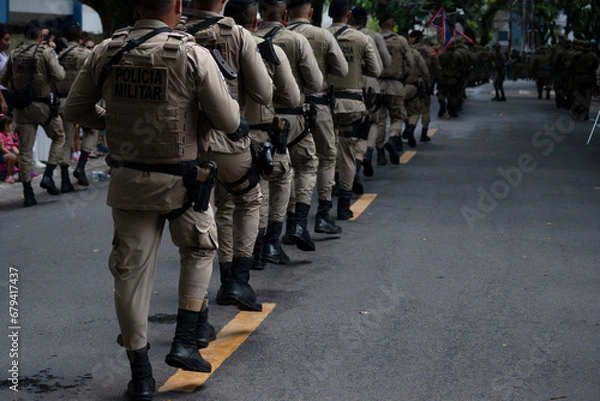 Fototapeta Military police officers from a special battalion parade during tributes to Brazil's Independence Day in the city of Salvador, Bahia.