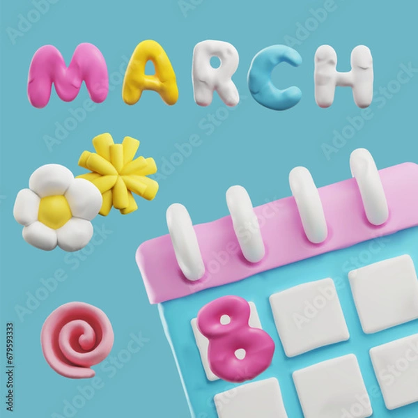 Fototapeta Banner with plasticine calendar and flowers about 8 March 3D style