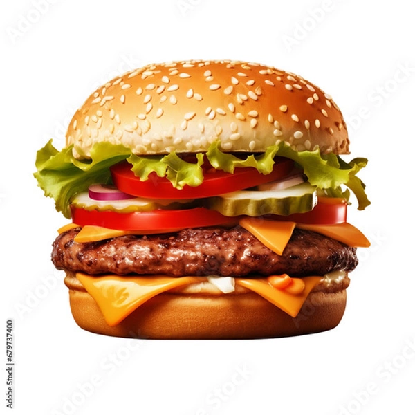 Fototapeta Burger Food PNG transparent format. Fresh tasty Chicken Meat cheeseburger. Generative ai